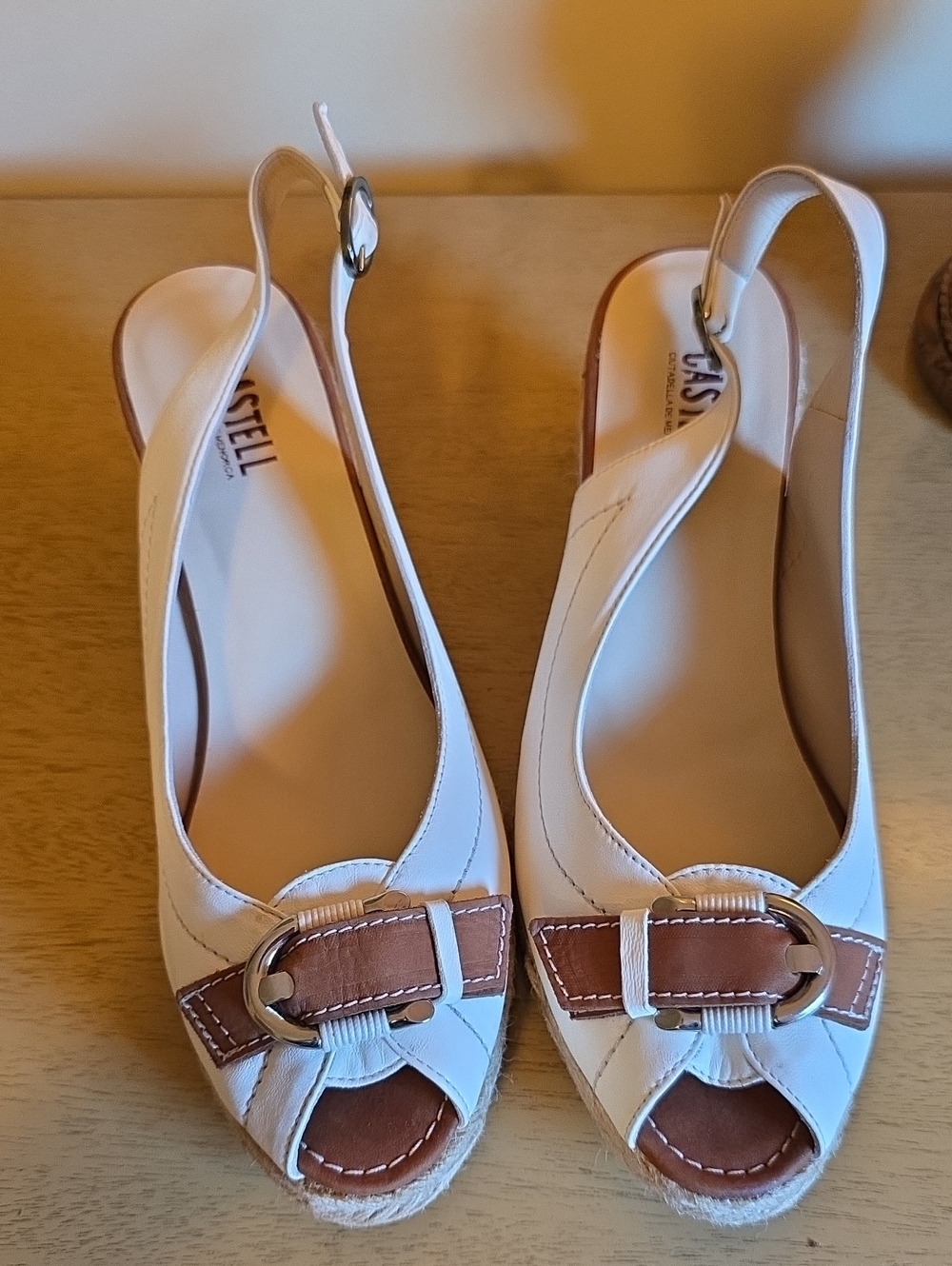 Castell White and Brown Peep-Toe Slingback Flats